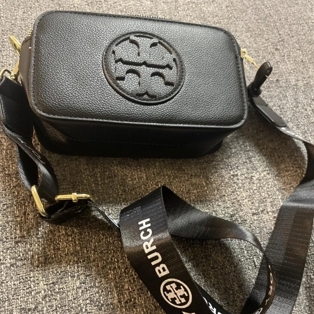 Black Leather Logo Crossbody with Branded Strap